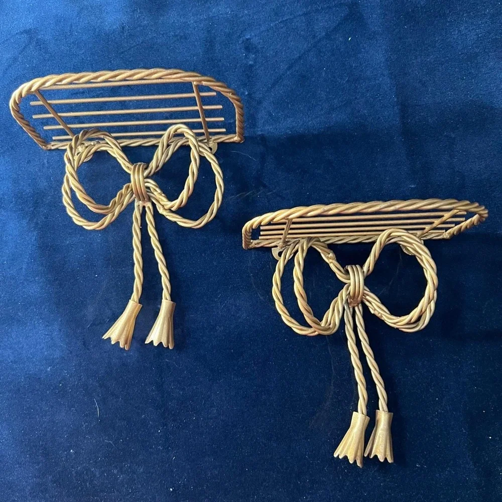 70s Vintage Pair of Hollywood Regency Gold Shelves with Tassles Grandma Cottage